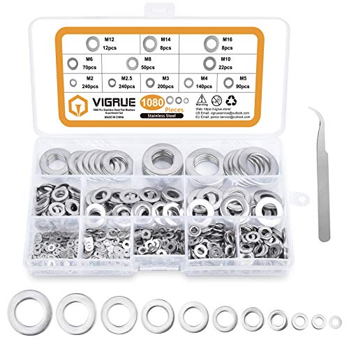 Flach Unterlegscheiben - VIGRUE 1080PCS Beilagscheiben 11 Größen A2-70 Edelstahl Flach und Sicherungsscheiben Sortiment Set (M2 M2.5 M3 M4 M5 M6 M8 M10 M12 M14 M16) von VIGRUE