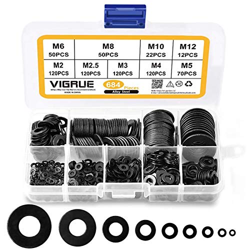 Flach Unterlegscheiben - VIGRUE 684 Stück Beilagscheiben 9 Größen Kohlenstoffstahl Flach und Sicherungsscheiben Sortiment Set (M2 M2.5 M3 M4 M5 M6 M8 M10 M12) von VIGRUE