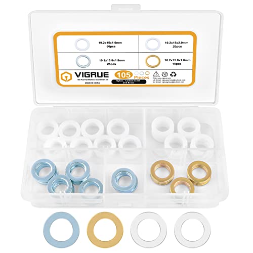 VIGRUE 105 Stück Fitschenringe Sortiment Set, Unterlegscheiben tür Ø10,20 x 15 x 1mm /Ø10,20 x 15 x 2mm/Ø10,20x 15.8 x 1.8mm, Massivem Messing, Verzinkt, Kunststoff von VIGRUE