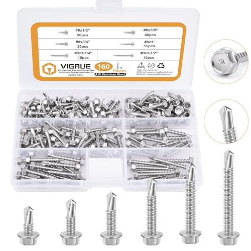 VIGRUE 160 Stück Selbstschneidende Schrauben 410 Edelstahl Bohrschrauben Blechschrauben M4.2 Sechskantscheibenkopf 6 Größen Selbstbohrender Schraubensatz für Metall Holz Möbel Elektrogeräte Produkte von VIGRUE