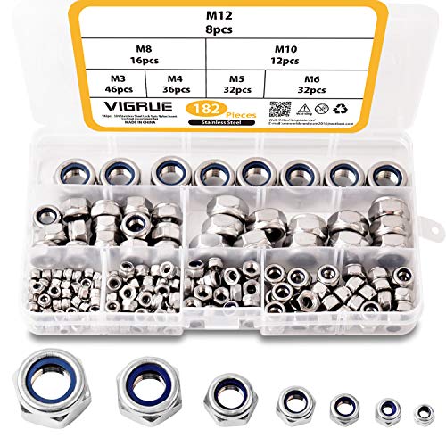 VIGRUE 182 Stück DIN 985 Kontermuttern Sechskantmuttern Sicherungsmuttern Stopmuttern Klemmmuttern A2-70 Edelstahl Muttern Nylon selbstsichernd Sechskant Schraubenmuttern 7Größe M3 M4 M5 M6 M8 M10 M12 von VIGRUE
