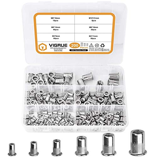 VIGRUE 200Stk Nietmuttern Sortiment M3 M4 M5 M6 M8 M10 Nietmutter A2-70 Edelstahl Werkzeug Flachkopf Gewinde Rivet Nutsert Cap Muttern Nietmutter Sortiment Set mit Aufbewahrungsbox von VIGRUE