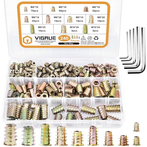 VIGRUE 240 PCS Einschraubmutter Gewindeeinsatz Holz M4 M5 M6 M8 M10, Zinklegierung Einschraubmuffen Set Gewindeeinsatz Kit, Möbel Hex Antriebsmutter für Holzmöbel Gewindeeinsätze mit Aufbewahrungsbox von VIGRUE