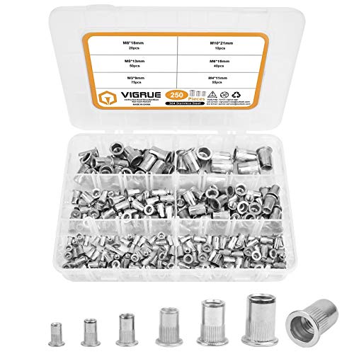 VIGRUE 250Stk Nietmuttern Sortiment M3 M4 M5 M6 M8 M10 Gewindenieten Nietmutter A2-70 Edelstahl Werkzeug Flachkopf Gewinde Rivet Nutsert Cap Muttern für Nietmutternzange von VIGRUE