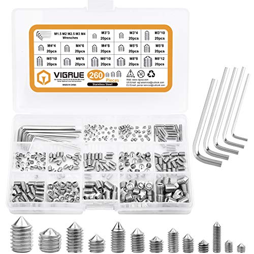 VIGRUE 260 Stück Madenschraube Kegelspitze Hex Madenschrauben Sortiment M3 M4 M5 M6 M8 Edelstahl Einschraubmuffen Sortiment Befestigungsteile Kits mit Sechskantschlüssel von VIGRUE