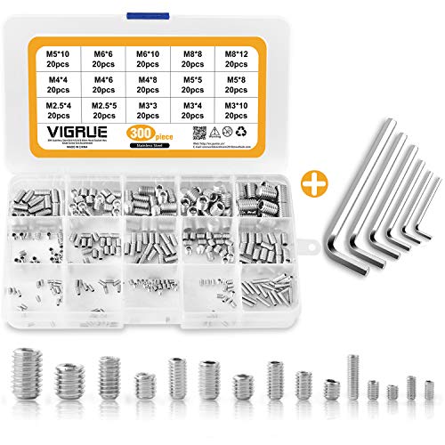 VIGRUE 300Stück Madenschraube M2.5 M3 M4 M5 M6 M8 Gewindestifte Schrauben A2-70 Edelstahl Sechskantkopf Schraube Sortiment Hex Grub Kopf Maschinenschraube Set(Silber) von VIGRUE