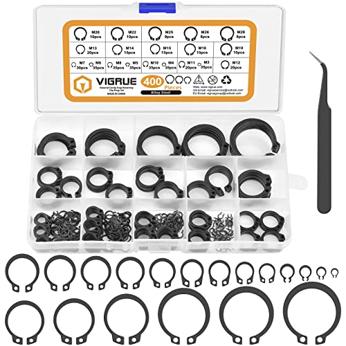 VIGRUE 400tlg Sprengring Sortiment Sicherungsring Set 19 Größe Kohlenstoffstahl E-Clip Externe Haltering Externes C-Clips Geteilte Schnallen Unterlegscheiben, M4-M28 mit Kunststoffbox von VIGRUE