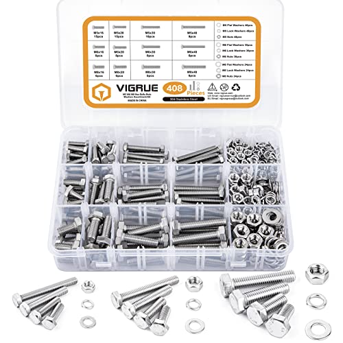 VIGRUE 408 Stück M5 M6 M8 Sechskantschrauben Edelstahl A2 Schrauben Set mit Muttern Unterlegscheiben DIN933 Bolzen Vollgewindeschrauben Maschinenschrauben Gewindeschrauben zur Reparatur von VIGRUE