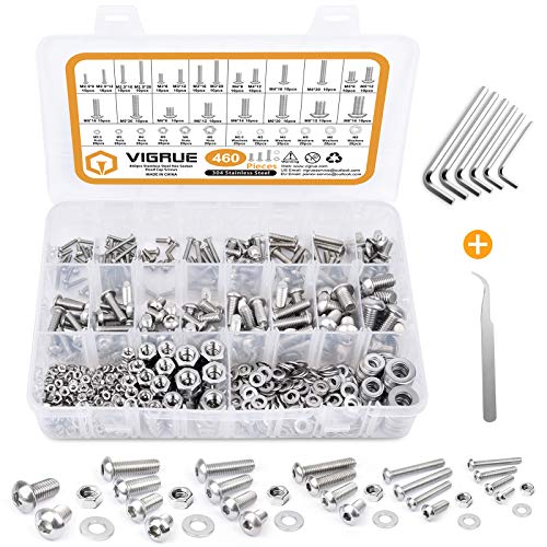 VIGRUE 460PCS Schrauben und Muttern Set, M2.5 M3 M4 M5 M6 M8 sechskopf schrauben, Edelstahl Innensechskantschrauben Muttern und Unterlegscheiben Sortiment Kit mit Aufbewahrungsbox und Schlüssel von VIGRUE