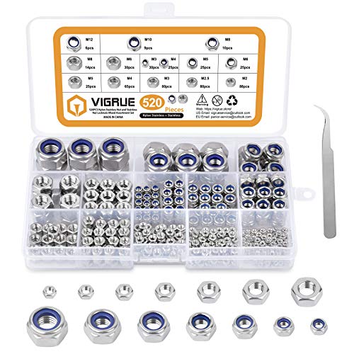 VIGRUE 520 Stück DIN985 und DIN934 Sechskantmuttern Sicherungsmuttern Standard A2-70 Edelstahl Muttern 9 Größe selbstsichernd Stopmuttern Sechskant Schraubenmuttern M2 M2.5 M3 M4 M5 M6 M8 M10 M12 von VIGRUE