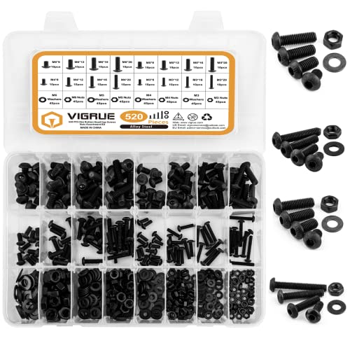 VIGRUE 520PCS M3 M4 M5 M6 Schrauben Set,Kohlenstoffstahl Schwarz und Muttern Unterlegscheiben Rund-Knopfkopf Linsenkopf Innensechskant mit Schraubenschlüssel Gewindeschrauben von VIGRUE