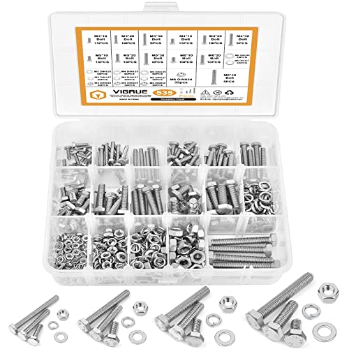 VIGRUE 535 Stück M3 M4 M5 M6 Sechskantschrauben Edelstahl A2 Schrauben Set mit Muttern Unterlegscheiben DIN933 Bolzen Vollgewindeschrauben Maschinenschrauben Gewindeschrauben zur Reparatur von VIGRUE