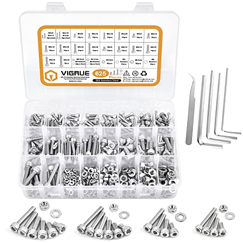 VIGRUE 625 Stück Schrauben Set M3 M4 M5 M6, Innensechskant Edelstahlschrauben Muttern und Unterlegscheiben Sortiment Kit Sechskantschrauben 304 Edelstahl in Sortimentskasten von VIGRUE