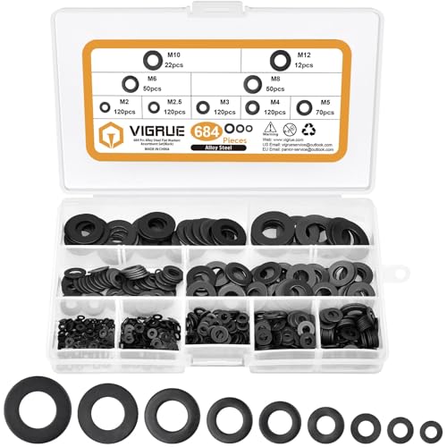 VIGRUE 684 Stück Flache Unterlegscheiben Set, Edelstahl Beilagscheiben Sortiment M2 M2.5 M3 M4 M5 M6 M8 M10 M12 (Schwarz) von VIGRUE
