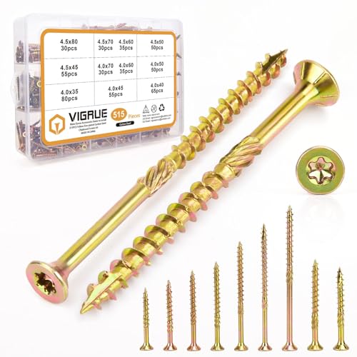 VIGRUE Holzschrauben, 515 Stück Spanplattenschrauben Gelb Verzinkt Torx Schrauben Set Screws für Dachkonstruktionen - Senkkopfschrauben - Terrassenschrauben - Universalschrauben von VIGRUE