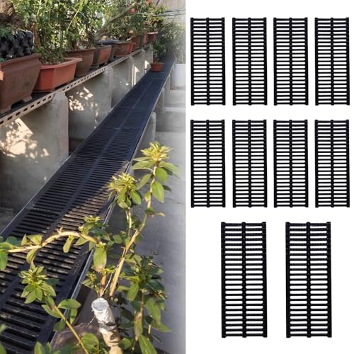 VIIGUIY Entwässerungsrinne 20 cm Schmales Rinnen-Entwässerungsgitter, Schwarze Kunststoff-Abflussplatte für Regenwasser, Beton-Entwässerungssiebplatten Garten Terrasse(10pcs) von VIIGUIY
