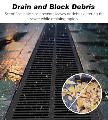 VIIGUIY Entwässerungsrinne 20 cm Schmales Rinnen-Entwässerungsgitter, Schwarze Kunststoff-Abflussplatte für Regenwasser, Beton-Entwässerungssiebplatten Garten Terrasse(5pcs) von VIIGUIY