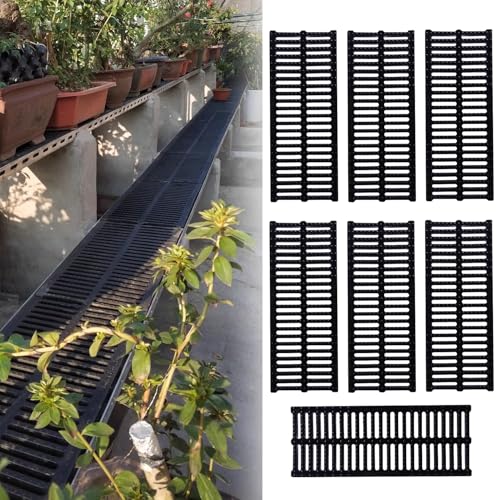 VIIGUIY Entwässerungsrinne 20 cm Schmales Rinnen-Entwässerungsgitter, Schwarze Kunststoff-Abflussplatte für Regenwasser, Beton-Entwässerungssiebplatten Garten Terrasse(7pcs) von VIIGUIY