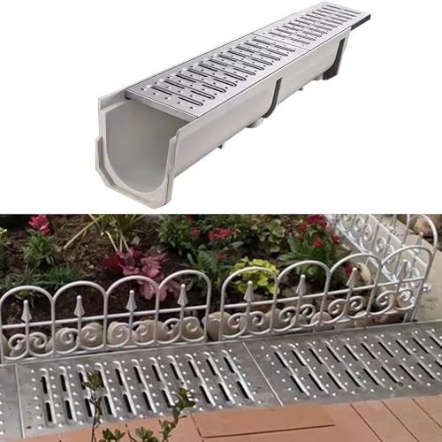 VIIGUIY Entwässerungsrinne Außenablaufrinne mit Abnehmbarem Metallgitter, Tiefenprofil-Grabenentwässerungssystem für Gartenwege, Regenablaufrinne Flache Abdeckplatte(15x10x100cm (5.9X3.9x39.4)) von VIIGUIY