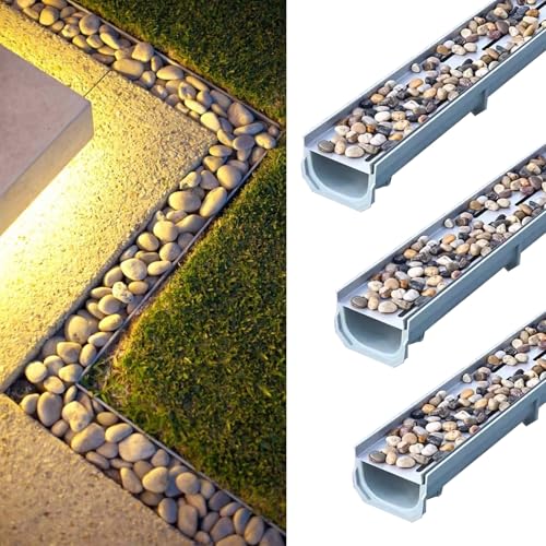 VIIGUIY Entwässerungsrinne Linearkanal-Grabenentwässerungsset mit 3 Stück, Grabenentwässerung für Den Garten Im Freien, Regengrabenrinne und Kieselsteinen Gefüllte Abdeckung(20x25cm (7.9x9.8)) von VIIGUIY