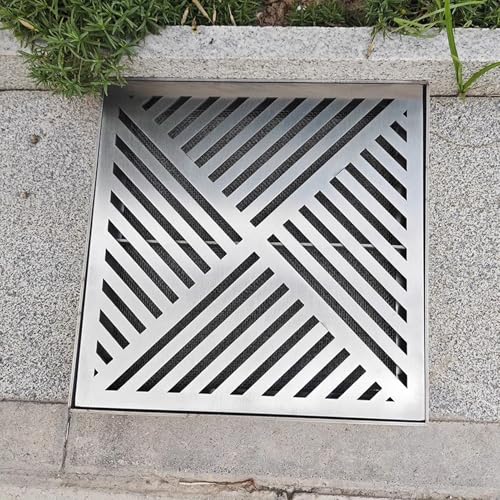 VIIGUIY Entwässerungsrinne Quadratisches Rinnenabdeckungsset aus Edelstahl, Dekoratives Grabengitter mit Sockel und Filtersieb, Auffangbecken für Die Entwässerung(25x25cm (9.8x9.8)) von VIIGUIY