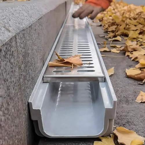 VIIGUIY Entwässerungsrinne U-förmiger Grabenablauf Mit Edelstahlabdeckung, 10 cm Schmales Französisches Kanalablaufset, Gehweg-Fallrohr-Entwässerungsgraben-Rinne(10x10x60cm (3.9x3.9x23.6)) von VIIGUIY