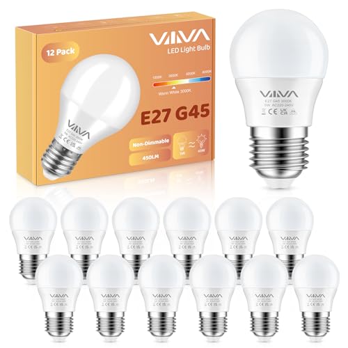 VIIIVA E27 LED Warmweiss Glühbirne 5W，3000K Warmweiß Lampe 450 Lumen, Ersetzt 45W Halogenlampe, G45 Leuchtmittel, LED Energiesparlampe, 270° Abstrahlwinkel, Nicht Dimmbar, 12 Stück (4.5 * 8.31 CM) von VIIIVA