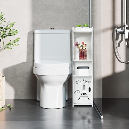 Kleiner Aufbewahrungsschrank für Toilette, Toilettenpapierhalter, Säule, Badezimmerschrank, Schrank, verstellbares Regal, wasserfeste Füße, kleine Räume, 20 x 20 x 80 cm, weiß von VIIROUD