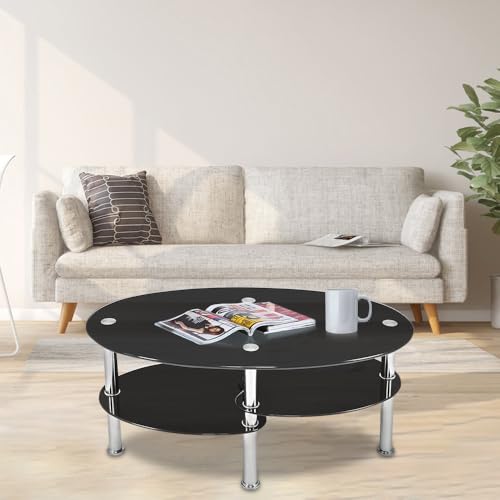 VIIROUD Couchtisch aus Hartglas, einfach und elegant, Wohnzimmer mit Metallbeinen, rund, mit 2 Einlegeböden, 90 x 50 x 43 cm (reinschwarz) von VIIROUD