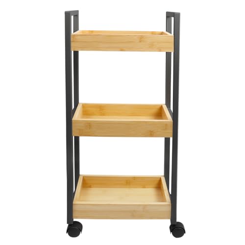 VIIROUD Dünnes Badezimmerregal, Aufbewahrungswagen mit 3 Ebenen auf Rollen, Badregal mit 3 Körben, Bambus und MDF, stehend, in der Küche, 20 x 30 x 80 cm, schwarz von VIIROUD