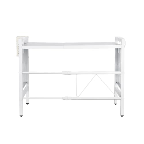 VIIROUD Küchenregal Gewürzregal Mikrowellenregal Küchenorganizer Ausziehbares Mikrowellenregal 2 Ebenen Arbeitsplatte mit Haken -42-68 x 36 x 46 cm + Weiß von VIIROUD