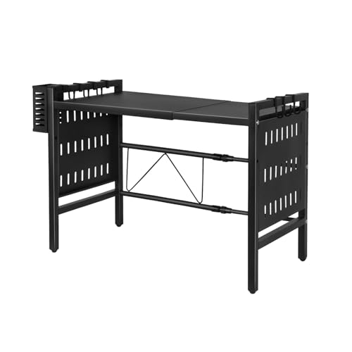 VIIROUD Mikroregal, Küchenregal, Halterung für Mikrowelle, mit 2 Regalebenen, ausziehbar, mit 3 Haken, perfekte Mikrowellenhalterung aus Stahl, 42 – 68 x 36 x 46 cm + Schwarz von VIIROUD