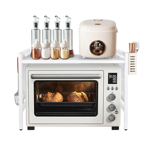 VIIROUD Mikroregal, Küchenregal, Halterung für Mikrowelle, mit 2 Regalebenen, ausziehbar, mit 3 Haken, perfekte Mikrowellenhalterung aus Stahl, 42 – 68 x 36 x 46 cm + Weiß von VIIROUD