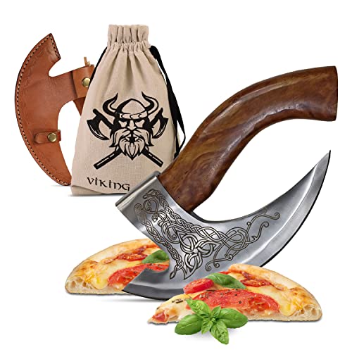 VIKING CRAFT® Pizzaschneider Axt - Hochwertiges Pizzamesser mit Wikinger Motiv und Lederschutz - Ideal als Wiegemesser Pizza Axt, Mittelalter Deko, LARP, Geschenke von VIKING CRAFT