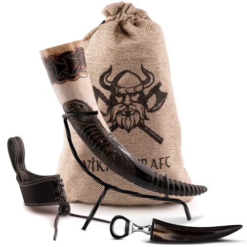 VIKING CRAFT® Trinkhorn Wikinger Graviert ca. 450ml - Extra Großes 5-teiliges Horn Set für Wikinger Met Honigwein mit Ständer – Wikinger Geschenke, Mittelalter Bierkrug Deko, Honigmet von VIKING CRAFT