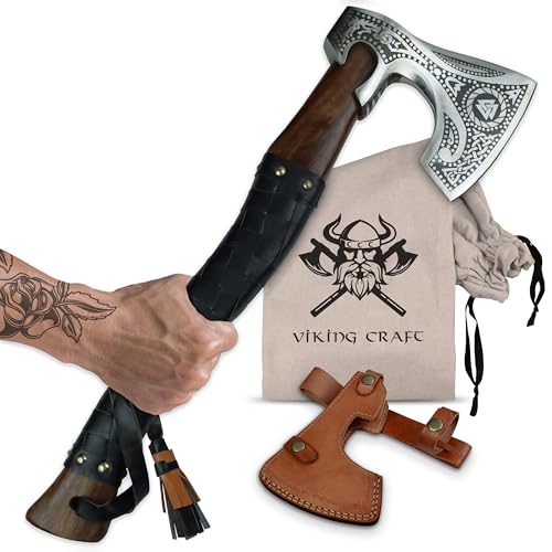 VIKING CRAFT® Wikinger Axt 50cm - Handgefertigte Deko Mit Gravur und Lederschutz - Ideale Mittelalter Deko, Geschenke für Männer und Frauen, Vikings Fanartikel, LARP Beil von VIKING CRAFT