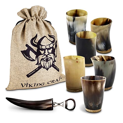 VIKING CRAFT Trinkhorn Wikinger Becher Set - 6x ca. 80ml Hornbecher + Flaschenöffner - Ideal für Wikinger Met, als Wikinger Deko, Wikinger Geschenk Männer u. Frauen, Viking Fanartikel Mittelalter von VIKING CRAFT