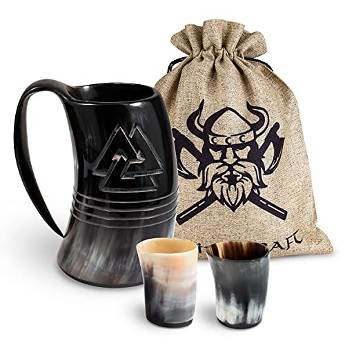 VIKING CRAFT® Trinkhorn Wikinger Krug 600ml - Großer Horn Krug Odin und 2 Wikinger Becher für Deinen Met Honigwein - Hornbecher, Deko, Set, Mittelalter, LARP, Schalen von VIKING CRAFT