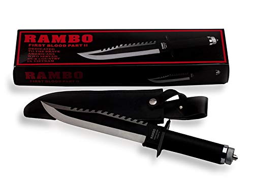 VIKING GEAR Rambo Messer John Rambo First Blood Part II Signature Edition Ink. Kompass, Haken zum Angeln mit Schnur, Pflaster, Streichholz und Messerscheide aus PU Leder schwarz von VIKING GEAR