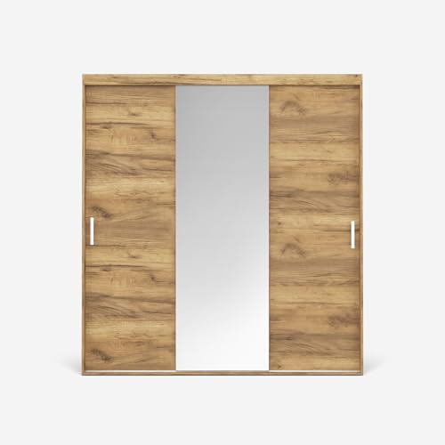 VIKK - Kleiderschrank - Garderobenschrank Groß mit Spiegel - 200x60x235cm - Schrank mit Schiebetüren, 2 Kleiderstangen, für Schlafzimmer, Flur - Olen Craft Gold, Innenausstattung MAX von VIKK