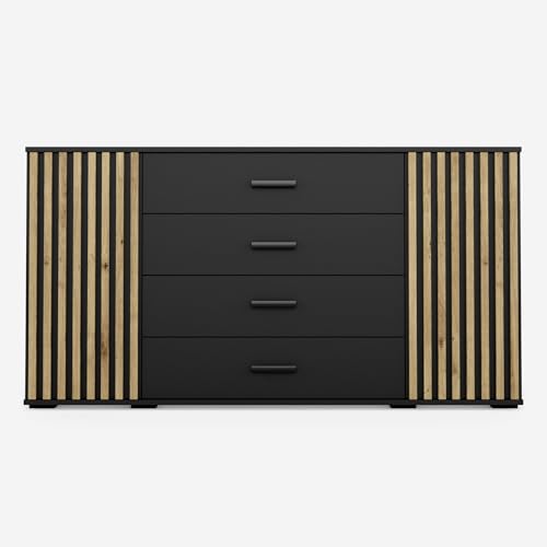 VIKK - Kommode Sideboard, Mehrzweckschrank Komodenschrank, Wohnzimmer Schlafzimmer Möbel, Schlafzimmerschrank mit 3D Lamellen - Kommode Flur Neide 7, 160x45x88cm, 8 Regalen - Schwarz von VIKK