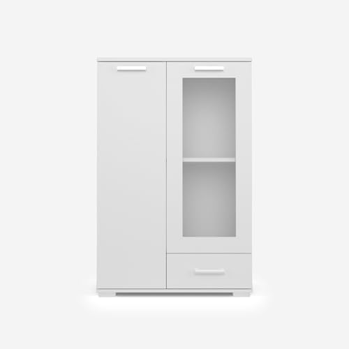 VIKK - Kommode Sideboard, Mehrzweckschrank Komodenschrank, Wohnzimmer Schlafzimmer Möbel, Schlafzimmerschrank mit Minimalistischen Griffen - Kommode Flur Kviby 10, 80x45x130cm, 3 Regalen - Weiß von VIKK