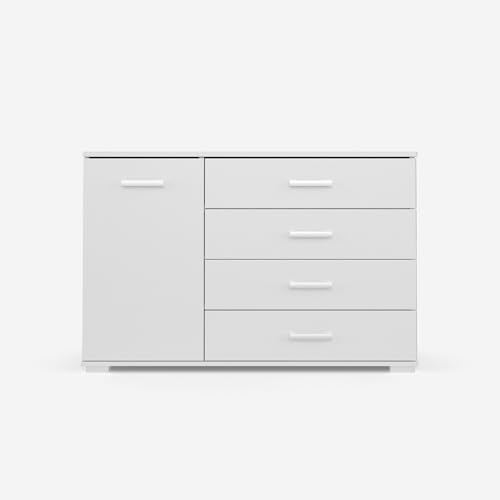 VIKK - Kommode Sideboard, Mehrzweckschrank Komodenschrank, Wohnzimmer Schlafzimmer Möbel, Schlafzimmerschrank mit Minimalistischen Griffen - Kommode Flur Kviby 7, 120x45x88cm, 5 Regalen - Weiß von VIKK