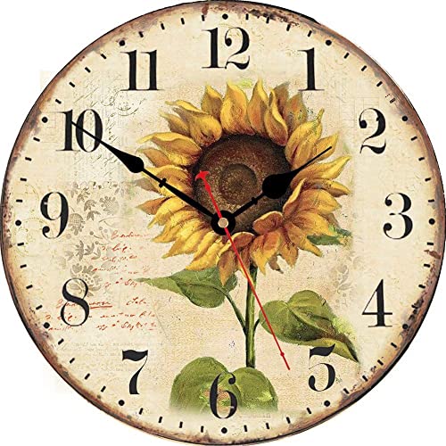 VIKMARI 30 cm Wanduhr Holz Wanduhr Vintage Küchenuhr Wanduhr Landhausstil Retro Blumen Stil Sonnenblume Dekoration Quarzwerk Analoge Wanduhr Stille für Küche Wohnzimmer Schlafzimmer Büro Schule von VIKMARI