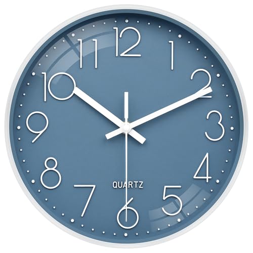 VIKMARI Moderne Einfache Wanduhr 25 cm Stiller Blauer Uhr Batteriebetrieben Deko für Kinder Wohnzimmer Schlafzimmer Küche Büro Badezimmer (Blau) von VIKMARI