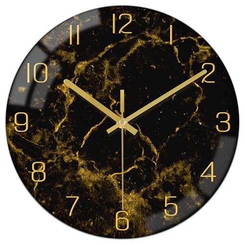 VIKMARI Schwarzes-Goldenes Modernes Marmor-Textur 30CM Wanduhr mit Golduhrenzeigern - Geräuschlos, batteriebetrieben, runde Quarzuhr - Rustikale Dekoration für Küche, Schlafzimmer, Wohnzimmer & Büro von VIKMARI