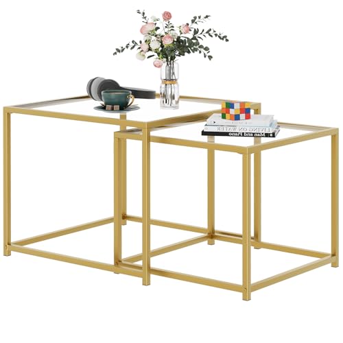 VILAWLENCE Couchtisch, 2er-Set, moderner goldfarbener Glas-Beistelltisch, Metallrahmen, quadratischer Beistelltisch, Mitteltische, stapelbarer Couchtisch für Wohnzimmer, Schlafzimmer und kleine Räume von VILAWLENCE