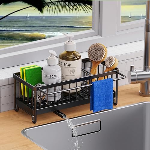 VILCEN Abtropfgestell Spülbecken Organizer Edelstahl Küchen Organizer mit Abnehmbarer Abflusspfanne Kitchen Sink Organizer mit Handtuchhalter Abnehmbare Trennwände Schwarz von VILCEN