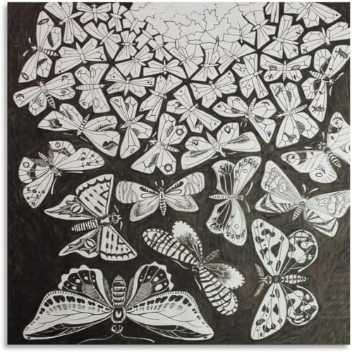 VILFO M.C. Escher Poster《Schmetterling》Schwarz-Weiß-Wandkunst M.C. Escher Drucke M.C. Escher Leinwandgemälde für zu Hause Wanddekoration Bild 40x40cm Kein Rahmen von VILFO