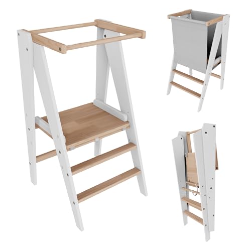 VILHA Lernturm Montessori Platzsparend und höhenverstellbar aus Holz für Kinder ab 1 Jahr (Klappbar) Learning Tower, Tritthocker, Kinderturm, Schemel für Kinder Graphit/Natur (Weiß/Natur) von VILHA THE CHILDREN'S FURNITURE FACTORY